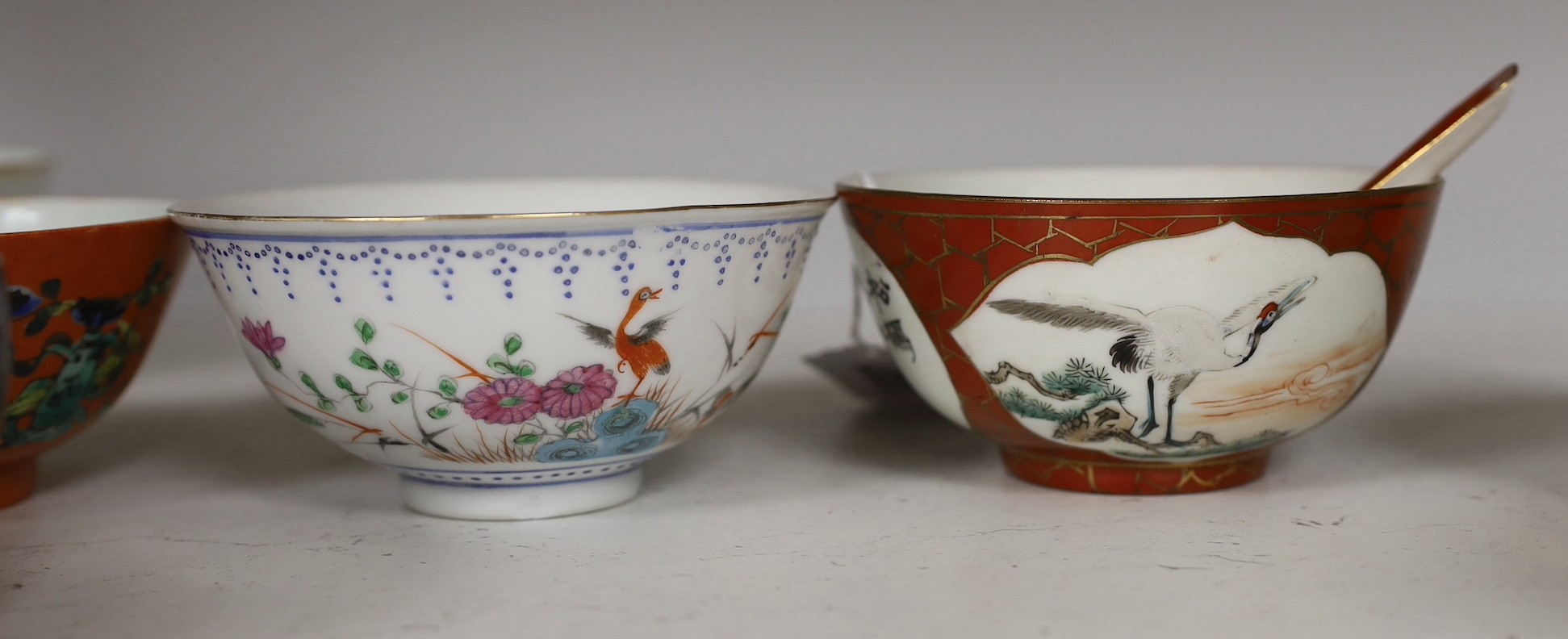 Seven Chinese enamelled porcelain bowls, Republic Period, largest 12.3 cm and four Fuzhou lacquer bowls